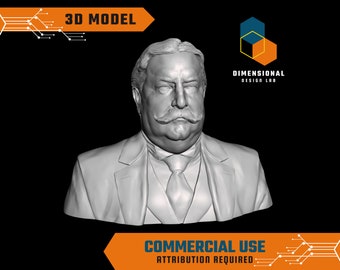 May include: A 3D model of a bust of a man with a mustache and a suit. The model is in grayscale and is rendered against a black background. The text "3D MODEL" is in orange at the top of the image. The text "DIMENSIONAL DESIGN LAB" is in white at the top right of the image. The text "COMMERCIAL USE ATTRIBUTION REQUIRED" is in orange at the bottom of the image.