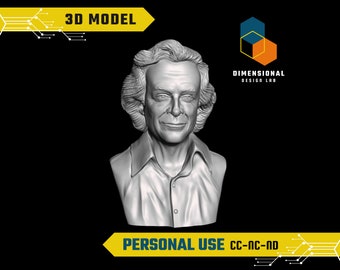 May include: A 3D model of a bust of a man with curly hair. The bust is made of a silver-colored material and is set against a black background. The text "3D MODEL" is in yellow at the top of the image. The text "DIMENSIONAL DESIGN LAB" is in white and blue at the top right of the image. The text "PERSONAL USE CC-NC-ND" is in yellow at the bottom of the image.