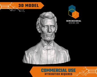 May include: A 3D model of Abraham Lincoln's bust, rendered in a light gray color. The model is a digital representation of the 16th President of the United States, with a realistic depiction of his facial features and clothing. The text "3D MODEL" and "COMMERCIAL USE ATTRIBUTION REQUIRED" are visible in the image.
