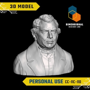 May include: A 3D model of a white bust sculpture of a man with short, curly hair. The bust is set against a black background. The text "3D MODEL" is in a yellow box at the top of the image. The text "DIMENSIONAL DESIGN LAB" is in a blue box at the top right of the image. The text "PERSONAL USE CC-NC-ND" is in a yellow box at the bottom of the image.