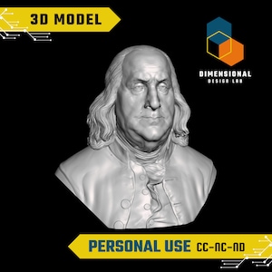 Könnte beinhalten: Ein 3D-Modell einer Büste von Benjamin Franklin, einer historischen Persönlichkeit. Das Modell ist in Graustufen gehalten und zeigt eine detaillierte Darstellung seines Gesichts und des Oberkörpers. Der Text "3D MODEL" ist oben im Bild in Gelb dargestellt, und der Text "PERSONAL USE CC-NC-ND" ist unten im Bild in Gelb dargestellt.