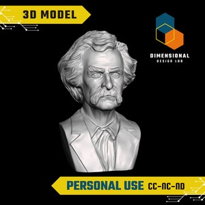 May include: A 3D model of a bust of a man with a moustache and beard. The model is in a grayscale colour scheme and is rendered against a black background. The text "3D MODEL" is at the top of the image and the text "DIMENSIONAL DESIGN LAB" is at the top right of the image. The text "PERSONAL USE CC-NC-ND" is at the bottom of the image.