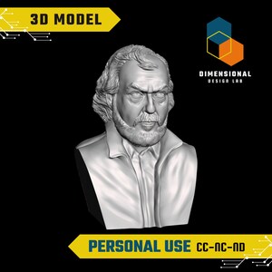 May include: A 3D model bust of a man with a beard and stern expression, rendered in grayscale. The bust is set against a black background with yellow and white text that reads "3D MODEL" and "PERSONAL USE CC-NC-ND". The Dimensional Design Lab logo is also visible.