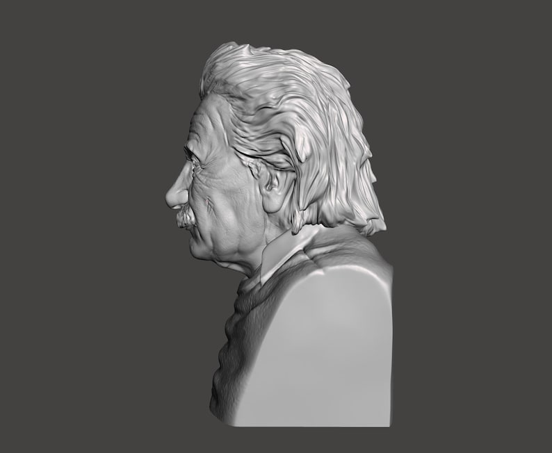 May include: A detailed bust sculpture of Albert Einstein, a famous physicist, with a realistic depiction of his hair and facial features.
