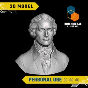 May include: A 3D model of a bust of a man with short, curly hair. The bust is made of a white, smooth material and is set against a black background. The text "3D MODEL" is in yellow at the top of the image. The text "DIMENSIONAL DESIGN LAB" is in white and black at the top right of the image. The text "PERSONAL USE CC-NC-ND" is in yellow at the bottom of the image.