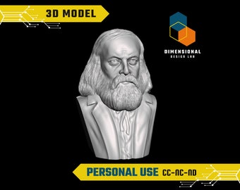 May include: A 3D model of a bust of a man with a long beard and mustache. The bust is in a gray color and is set against a black background. The text "3D MODEL" is at the top of the image and the text "PERSONAL USE CC-NC-ND" is at the bottom of the image.