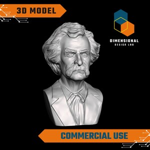 May include: A 3D model of a bust of a man with a moustache and beard. The bust is made of a white material and is set against a black background. The text "3D MODEL" and "COMMERCIAL USE" are visible at the top and bottom of the image.