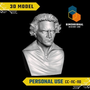 Könnte beinhalten: Ein 3D-Modell einer Büste eines Mannes mit lockigem Haar. Die Büste ist aus weißem Material gefertigt und vor einem schwarzen Hintergrund platziert. Der Text "3D MODEL" befindet sich in der oberen linken Ecke des Bildes, und der Text "DIMENSIONAL DESIGN LAB" befindet sich in der oberen rechten Ecke des Bildes. Der Text "PERSONAL USE CC-NC-ND" befindet sich in der unteren Mitte des Bildes.