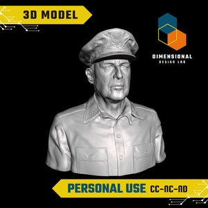 Op de afbeelding: Een 3D-model van een buste van een man in militair uniform. De buste is in grijstinten en is een digitaal model. De tekst "3D MODEL" staat bovenaan de afbeelding en de tekst "PERSONAL USE CC-NC-ND" staat onderaan de afbeelding.