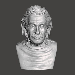 May include: A white bust sculpture of Albert Einstein, a famous physicist, with a detailed face and hair. The sculpture is wearing a simple, textured sweater.