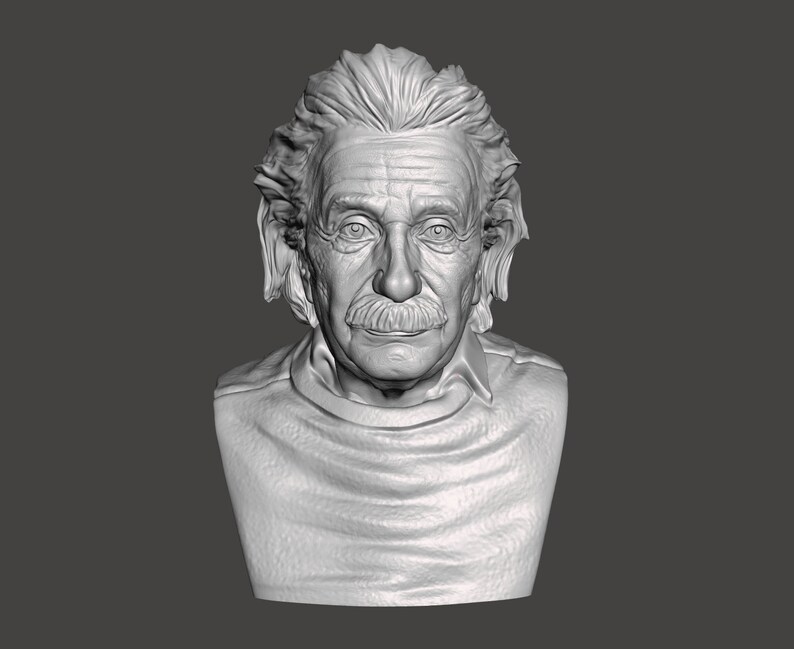 May include: A white bust sculpture of Albert Einstein, a famous physicist, with a detailed face and hair. The sculpture is wearing a simple, textured sweater.
