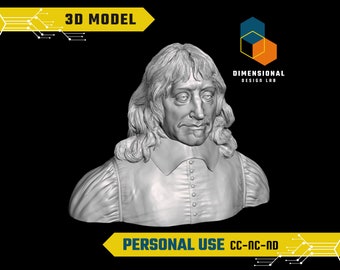 May include: A 3D model of a bust of a man with long hair and a collared shirt. The model is in grayscale and is rendered against a black background. The text "DIMENSIONAL DESIGN LAB" is visible in the upper right corner of the image.