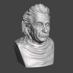 May include: A gray bust sculpture of Albert Einstein with a white, textured base. The sculpture depicts Einstein with his signature wild hair and mustache.