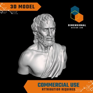 Może przedstawiać: Trójwymiarowy model popiersia mężczyzny z brodą i długimi włosami. Popiersie jest rzeźbione w realistycznym stylu i renderowane w kolorze szarym. Model jest oznaczony jako "Model 3D" i "Użycie komercyjne Wymagane przypisanie".