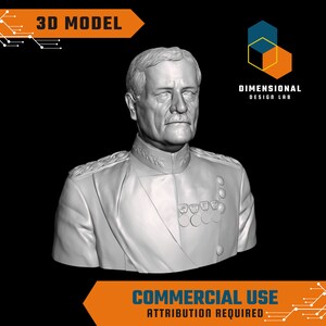 May include: A 3D model of a bust of a man in a military uniform. The bust is sculpted in a realistic style and shows the man's face, shoulders, and chest. The man is wearing a uniform with medals and decorations. The model is labeled "3D Model" and "Commercial Use Attribution Required".