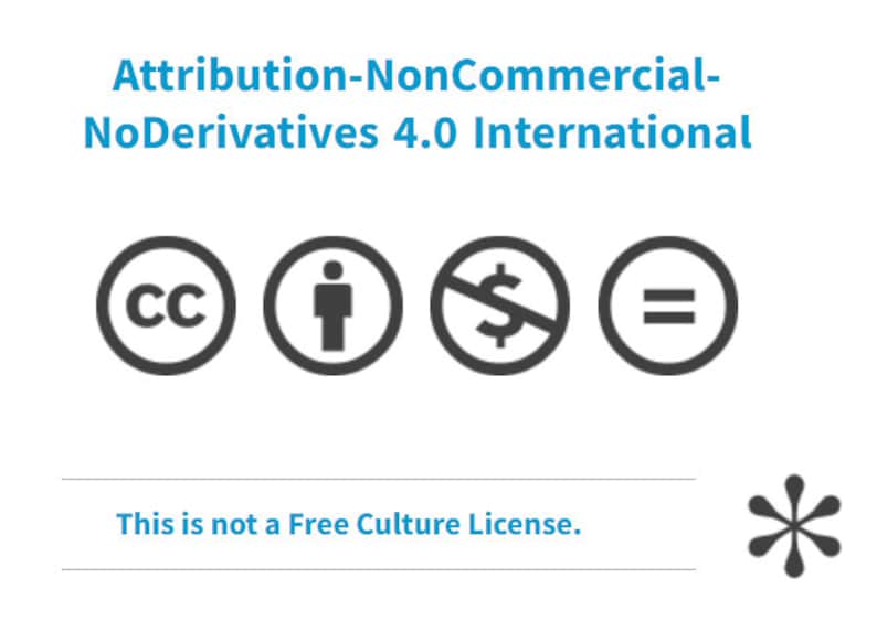 May include: A black and white image of the Creative Commons Attribution-NonCommercial-NoDerivatives 4.0 International license. The image includes the Creative Commons logo, a person icon, a dollar sign with a diagonal line through it, and an equals sign.