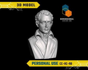 May include: A 3D printed bust of a man with short, wavy hair. The bust is in a gray color and is a detailed representation of a person's head and shoulders.