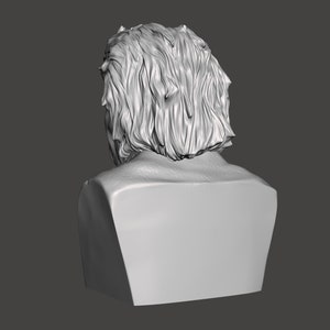 May include: A 3D printed bust sculpture of a person with long, wavy hair. The bust is facing away from the viewer, showing the back of the head and neck.