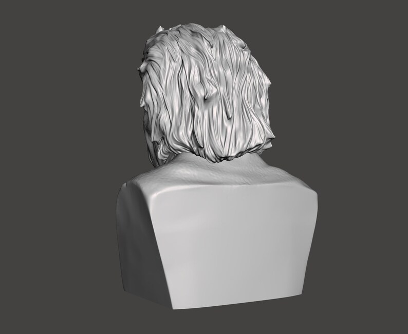 May include: A 3D printed bust sculpture of a person with long, wavy hair. The bust is facing away from the viewer, showing the back of the head and neck.