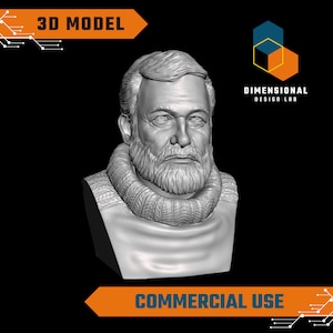 Könnte beinhalten: Eine 3D-gedruckte Büste eines Mannes mit Bart und einem Strickpullover. Die Büste ist in Grau gehalten und ein digitales Modell. Der Text "DIMENSIONAL DESIGN LAB" ist in der oberen rechten Ecke des Bildes sichtbar.