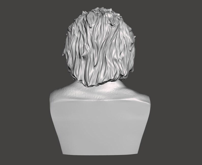 May include: A white plaster bust sculpture of a person with short, wavy hair. The bust is viewed from the back, showing the back of the head and neck.