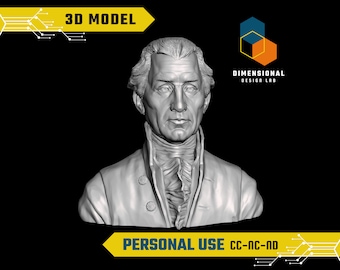May include: A 3D model of a bust of George Washington, the first president of the United States. The model is in grayscale and shows a detailed representation of Washington's face and upper torso. The text "3D MODEL" is in yellow at the top of the image, and the text "PERSONAL USE CC-NC-ND" is in yellow at the bottom of the image.