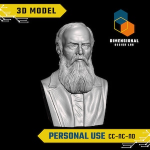 May include: A 3D printed bust of a man with a long white beard and mustache. The bust is made of a light gray material and is set against a black background. The text "3D MODEL" is at the top of the image and "PERSONAL USE CC-NC-ND" is at the bottom of the image.