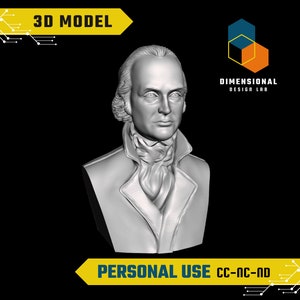 May include: A 3D model of a bust of a man with a white shirt and a black jacket. The bust is in a gray color and is set against a black background. The text "3D MODEL" is in yellow at the top of the image. The text "DIMENSIONAL DESIGN LAB" is in white and orange at the top right of the image. The text "PERSONAL USE CC-NC-ND" is in yellow at the bottom of the image.