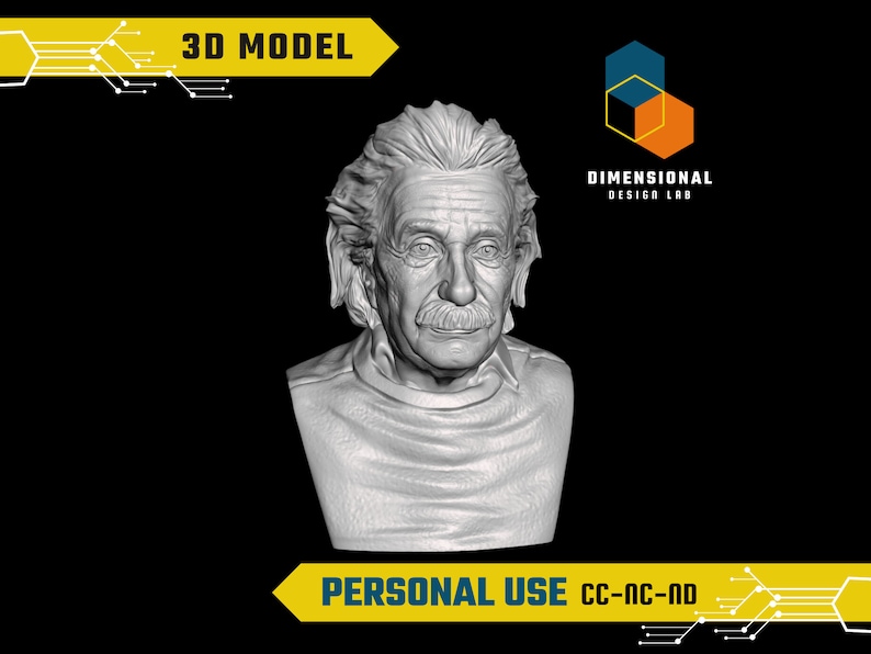 May include: A 3D model of Albert Einstein's bust, rendered in a white, gray, and black color scheme. The bust is a detailed representation of Einstein's face and hair. The text "3D MODEL" appears in yellow at the top of the image. The text "DIMENSIONAL DESIGN LAB" appears in blue and orange at the top right of the image. The text "PERSONAL USE CC-NC-ND" appears in yellow at the bottom of the image.