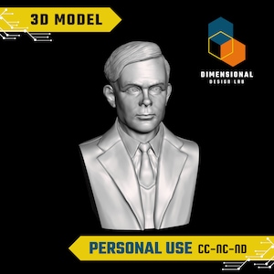 May include: A 3D model of a bust of a man with short, light brown hair. The bust is in a suit and tie. The model is in grayscale and is against a black background. The text "3D MODEL" is in a yellow box at the top of the image. The text "DIMENSIONAL DESIGN LAB" is in a white box with a blue and orange cube design. The text "PERSONAL USE CC-NC-ND" is in a yellow box at the bottom of the image.