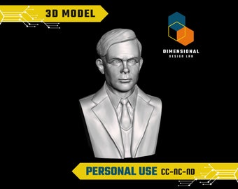 May include: A 3D model of a bust of a man with short, light brown hair. The bust is in a suit and tie. The model is in grayscale and is against a black background. The text "3D MODEL" is in a yellow box at the top of the image. The text "DIMENSIONAL DESIGN LAB" is in a white box with a blue and orange cube design. The text "PERSONAL USE CC-NC-ND" is in a yellow box at the bottom of the image.
