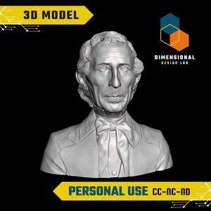Può includere: Un modello 3D di un busto di un uomo con capelli corti e ondulati. Il busto è di colore grigio ed è reso in uno stile realistico. Il testo "3D MODEL" è nell'angolo in alto a sinistra dell'immagine. Il testo "DIMENSIONAL DESIGN LAB" è nell'angolo in alto a destra dell'immagine. Il testo "PERSONAL USE CC-NC-ND" è al centro in basso dell'immagine.