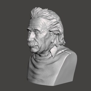 May include: A gray bust sculpture of Albert Einstein, a famous physicist, with a detailed face and hair. The sculpture is in a realistic style and shows Einstein with a thoughtful expression.
