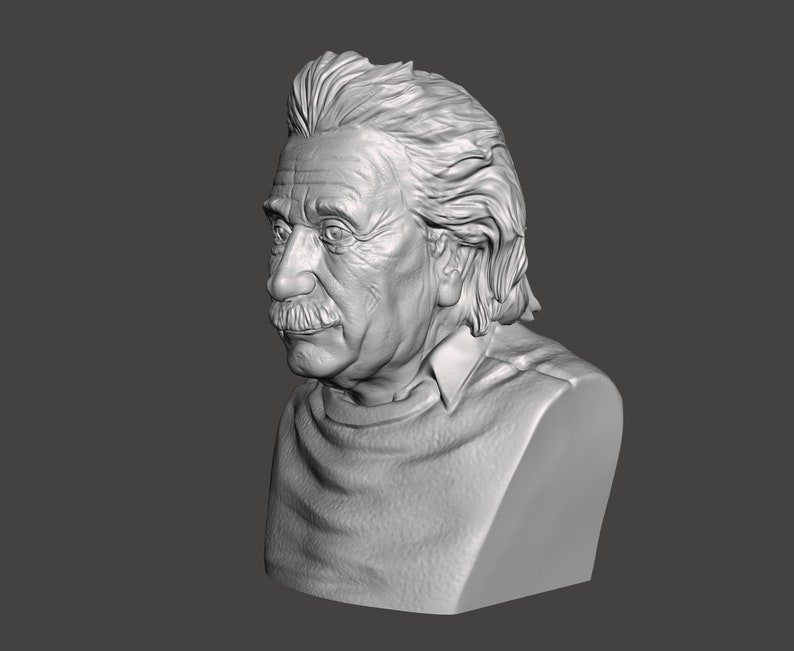 May include: A gray bust sculpture of Albert Einstein, a famous physicist, with a detailed face and hair. The sculpture is in a realistic style and shows Einstein with a thoughtful expression.