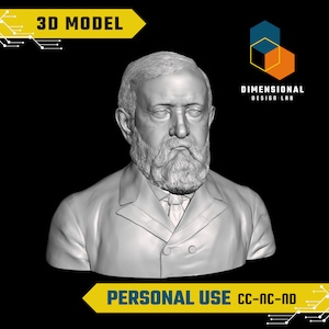 May include: A 3D model of a man's bust, rendered in a white, gray, and black color scheme. The bust is of a man with a beard and mustache, wearing a suit jacket and tie. The text "3D MODEL" is in the upper left corner of the image, and the text "DIMENSIONAL DESIGN LAB" is in the upper right corner of the image. The text "PERSONAL USE CC-NC-ND" is in the lower center of the image.