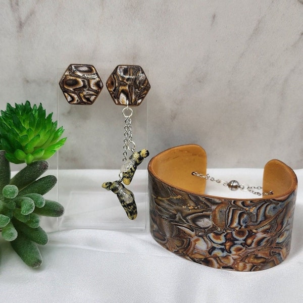 Abstract Clay Jewelry Set, Asymmetrical Bee Earrings, Honeycomb Cuff Bracelet, Stainless Accessories for Her