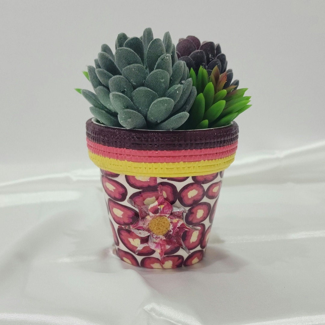 Floral Polymer Clay Plant Pot, Indoor Succulent Flower Garden Planter