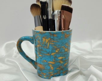 Turquoise Makeup Brush Holder, Ceramic Pen Pencil Cup, Short Flower Mug Vase, Vanity Storage Gift for Her