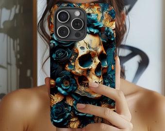 3D Gothic Gold Skull iPhone Case, Black Roses Phone Case for iPhone 11, 12, 13, 14, 15, Pro Max, Mini, Plus iPhone Tough Protective Cover