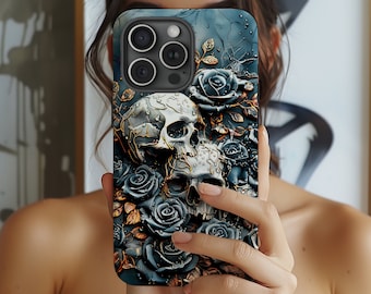 Floral Skulls Roses iPhone Case, Gothic Horror Phone Cover for iPhone 11, 12, 13, 14, 15, Pro Max, Mini, Plus iPhone Tough Protective Cover