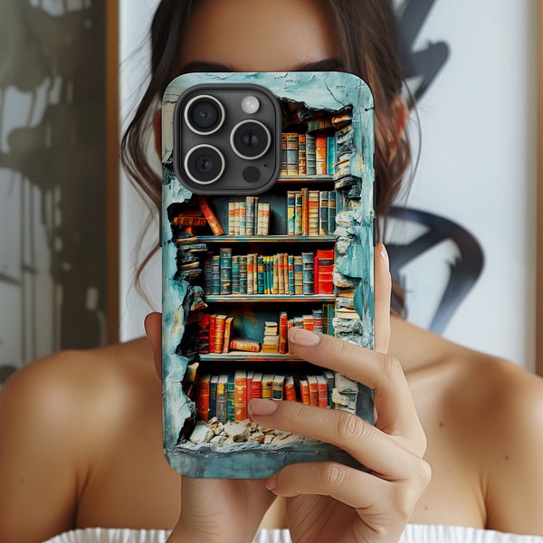 Book lovers iPhone Tough Case, Phone Cover 3D Hole in Wall Bookshelf Design for iPhone 12 Mini, iPhone 13 Pro Max, 14, 15 Plus, 13 Mini
