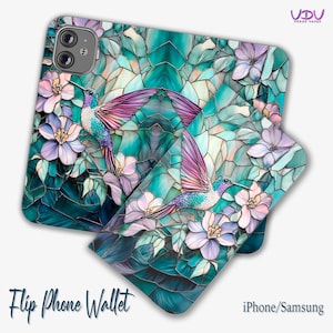 Capa de telefone tipo carteira com estampa de beija-flor e vitral, capa tipo fólio com arte de pássaro para iPhone 16 15 e Samsung Galaxy, design floral natural