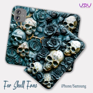 Funda para teléfono tipo billetera con calaveras góticas, diseño 3D, funda de cuero tipo libro para iPhone y Samsung Galaxy, iPhone 16, 15, 13, 12, 11, Pro con tarjetero