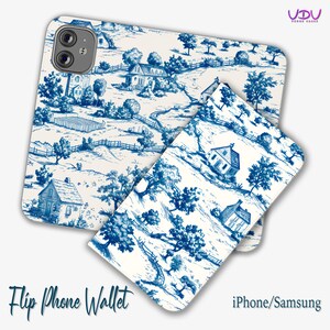Funda tipo cartera para teléfono Toile de Jouy azul francés/tarjetero moderno para iPhone 13 Pro, 12 Pro Max, Samsung S20, Galaxy S21 S22 con tarjetero