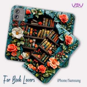 Capa tipo carteira para celular com estampa floral para amantes de livros, capa de couro com design 3D para iPhone e Samsung Galaxy Flip, iPhone 13, 12, 11, Pro com porta-cartões