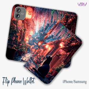 Carteira de gato preto anime, capa de telefone flip de arte japonesa para iPhone 16, 15, SE Samsung, capa de carteira estética de gato preto kawaii para amantes de anime