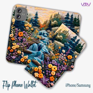Cartera para teléfono con diseño de bosque bordado, funda con tapa para iPhone 16, funda tipo billetera para Samsung, funda para teléfono con escena de naturaleza, billetera para iPhone 15 con diseño de bosque bohemio