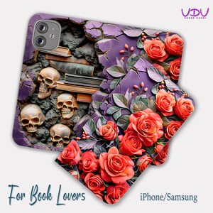 Funda tipo billetera con diseño de esqueleto de rosas rojas, diseño 3D, funda de cuero con tapa para iPhone y Samsung Galaxy, iPhone 16, 15, 13, 12, 11