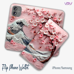 Capa de celular tipo carteira com flor de cerejeira rosa, design elegante de sakura para iPhone 16, 15, 14, Samsung S22, S21, carteira de celular floral feita à mão