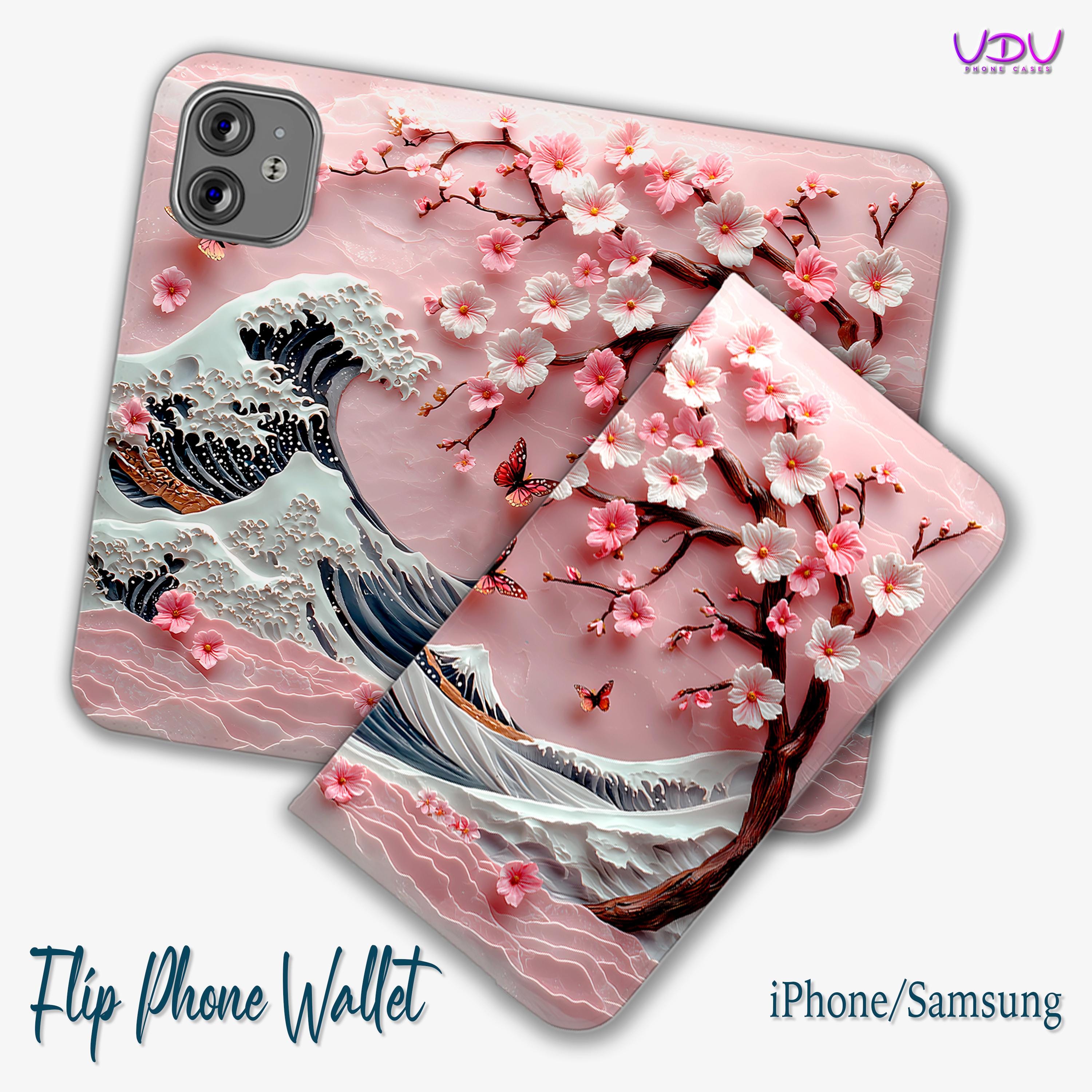 Pink Cherry Blossom Wallet Flip Phone Case, Elegant Sakura Design for iPhone 16, 15, 14, Samsung S22, S21 Floral Handmade Phone Wallet